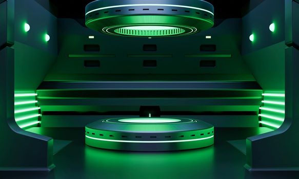 Cyberpunk sci-fi product podium showcase in spaceship with green neon lighting background. Technology and object concept. 3D illustration rendering