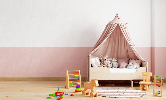Kids room in pink and white tone color wall background. Interior and children's room nursery concept. 3D illustration rendering