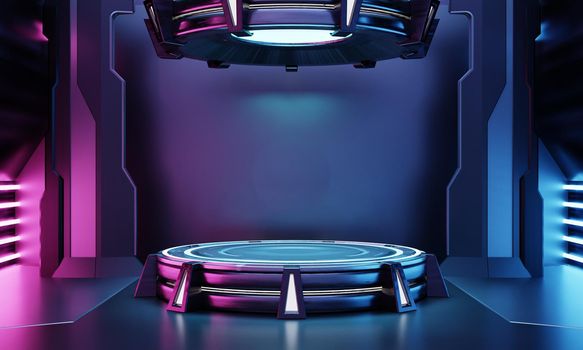 Cyberpunk sci-fi product podium showcase in empty spaceship room with blue and pink background. Cosmos space technology and entertainment object concept. 3D illustration rendering