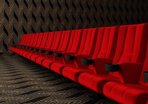 Rows of red velvet seats watching movies in the cinema with copy space banner background. Entertainment and Theater concept. 3D illustration rendering