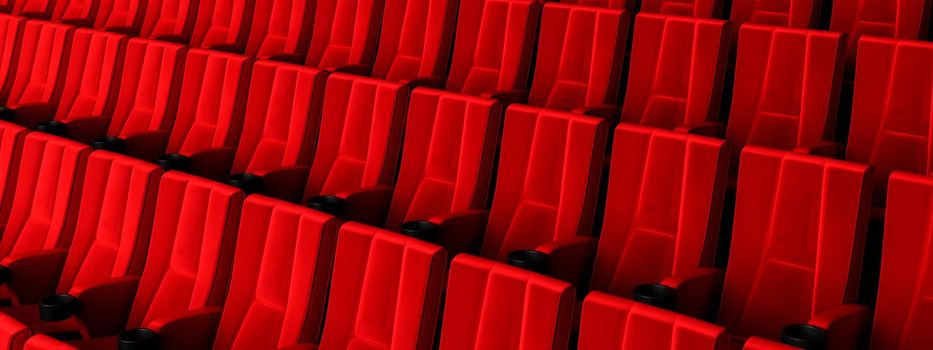 Rows of red velvet seats watching movies in the cinema with copy space banner background. Entertainment and Theater concept. 3D illustration rendering