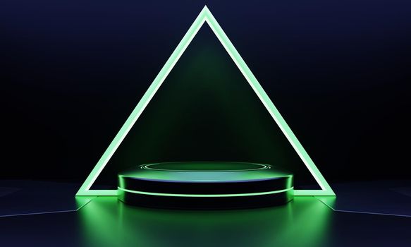 Modern product showcase sci-fi podium with green glowing light neon background. Technology and object concept. 3D illustration rendering
