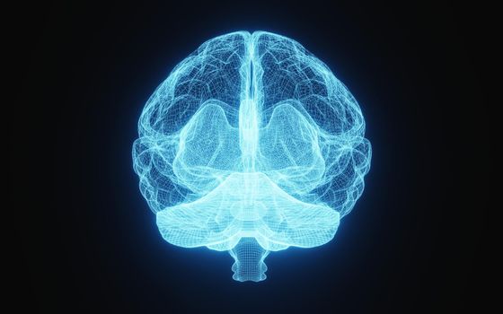 Glowing X-ray image of human brain in blue wireframe on isolated black background. Science and medical concept. In front of brain. 3D illustration rendering