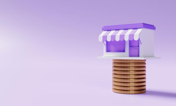 Supermarket store on stacking golden coins on purple background. Financial and economic concept. 3D illustration rendering