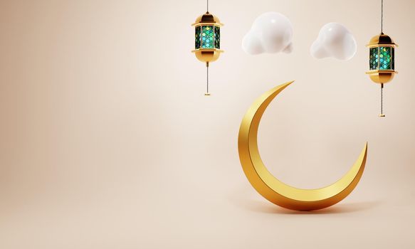 Golden crescent moon with Arabian lantern on coral color background. Eid Mubarak or Ramadan holiday and traditional religion concept. 3D illustration rendering