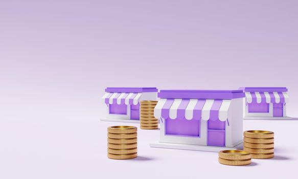 Supermarket store with stacking golden coins on purple background. Financial and economic concept. 3D illustration rendering