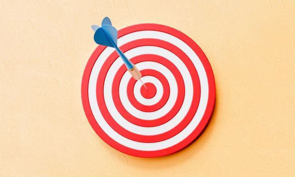 Dartboard and dart on center of target on yellow background. Business success and strategy concept. 3D illustration rendering