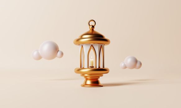 Islamic lantern with minimal lowpoly cloud on coral color background. Ramadan Kareem and Eid Mubarak concept. 3D illustration rendering