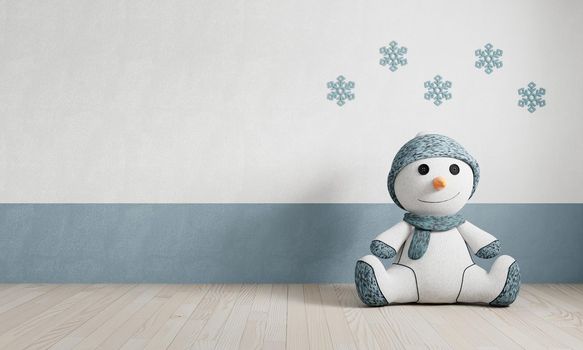 Snowman doll with snowflake wallpaper in empty room with copy space background. Interior and kids room concept. 3D illustration rendering