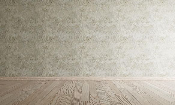 Empty room with wooden floor and raw concrete wall in dark tone vintage style background. Interior architecture and construction material wallpaper concept. 3D illustration rendering