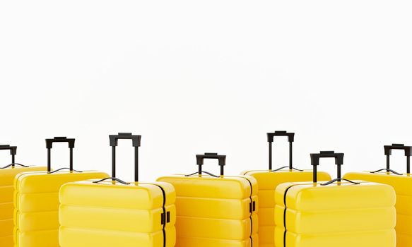 Group of yellow trolley roller suitcases with handle on isolated white background. Travel object and wanderlust concept. 3D illustration rendering