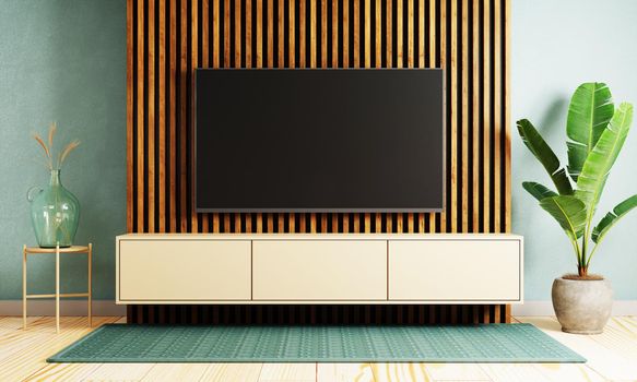 Japanese style modern living room with hanging mockup television tv on wall background. Interior and architecture concept. 3D illustration rendering