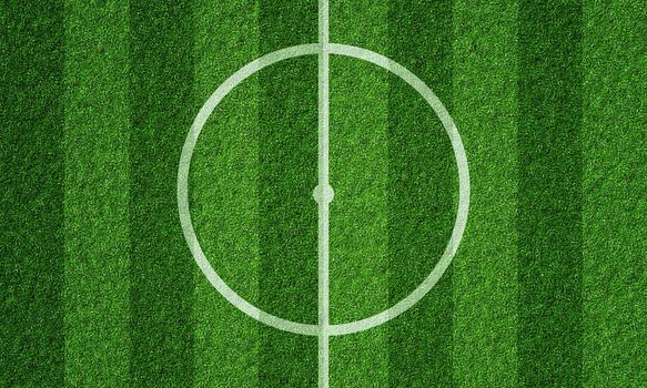 Soccer field in football stadium with line grass pattern and centerline circle. Sports background and athletic wallpaper concept. 3D illustration rendering