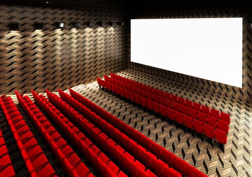 Blank white luminous cinema movie theatre screen with realistic red rows of seats and chairs with empty copy space background. Movie premiere and Entertainment concept. 3D illustration rendering