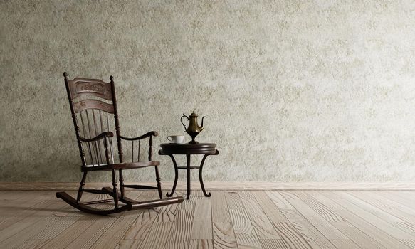 Old chair in the classic living room on wooden floor and raw concrete background. Vintage interior and architecture concept. 3D illustration rendering