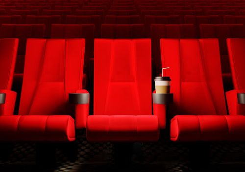 Rows of red velvet seats watching movies in the cinema with copy space banner background. Entertainment and Theater concept. 3D illustration rendering