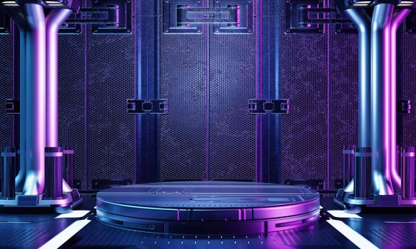 Cyberpunk sci-fi product podium interior showcase in spaceship base with blue and pink background. Technology and object concept. 3D illustration rendering