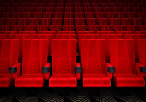 Rows of red velvet seats watching movies in the cinema with copy space banner background. Entertainment and Theater concept. 3D illustration rendering