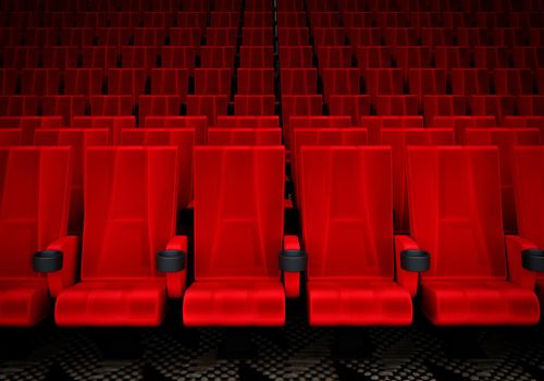 Rows of red velvet seats watching movies in the cinema with copy space banner background. Entertainment and Theater concept. 3D illustration rendering