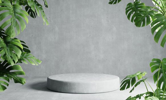 One round podium in grey loft color background with Monstera plant foreground. Abstract wallpaper template element and architecture interior object concept.3D illustration rendering