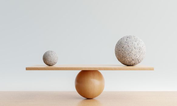 Wooden scale balancing with one big ball and one small ball. Harmony and balance concept. 3D illustration rendering