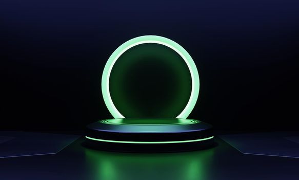 Modern round product showcase sci-fi podium with green glowing light neon frame background. Technology and object for advertising template concept. 3D illustration rendering