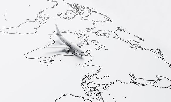 Plane flies above white paper map of the world travel background. Travel and wanderlust concept. 3D illustration rendering