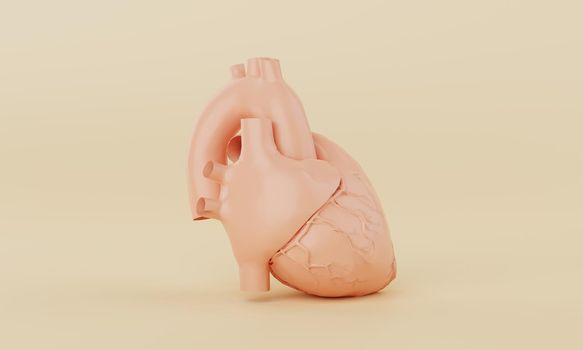 Orange simple heart model on yellow background. Medical science healthcare and abstract object concept. 3D illustration rendering