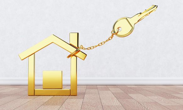 Gold key chain with golden modern house shape key holder on wooden floor and white wall background. Business construction and architecture concept. 3D illustration rendering