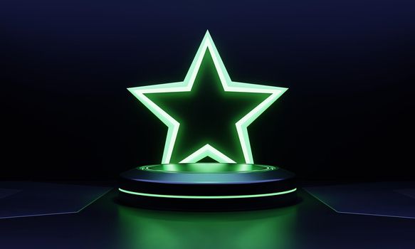 Modern products showcase sci-fi podium with green glowing light neon star shape background. Technology and object concept. 3D illustration rendering