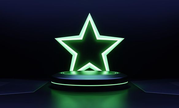 Modern products showcase sci-fi podium with green glowing light neon star shape background. Technology and object concept. 3D illustration rendering