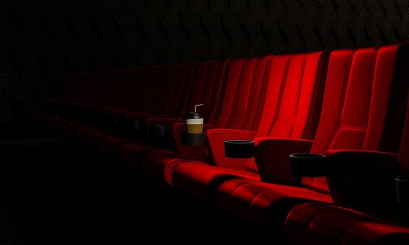 Rows of red velvet seats watching movies in the cinema with copy space banner background. Entertainment and Theater concept. 3D illustration rendering