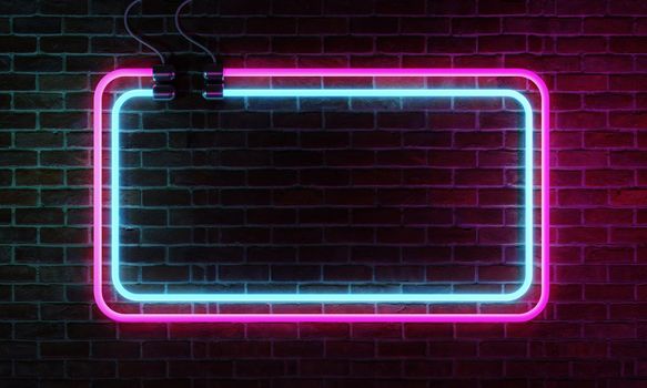 Neon sign banner with copy space on brick wall background. Abstract art and object concept. 3D illustration rendering