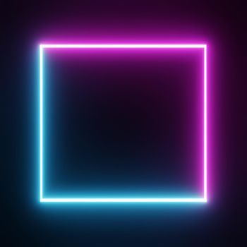 Square rectangle picture frame with two tone neon color motion graphic on isolated black background. Blue and pink light moving for overlay element. 3D illustration rendering. Empty copy space middle