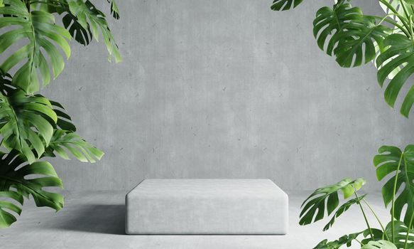 One rectangle podium in grey loft color background with Monstera plant foreground. Abstract wallpaper template element and architecture interior object concept.3D illustration rendering