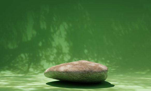 Rock with natural green background and realistic tree shadow. Abstract and nature concept. 3D illustration rendering