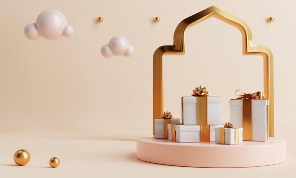 Minimal product podium with present gift boxes in Ramadan or Eid Mubarak Islamic traditional culture style on coral color background. Holiday and Arabian festival concept. 3D illustration rendering
