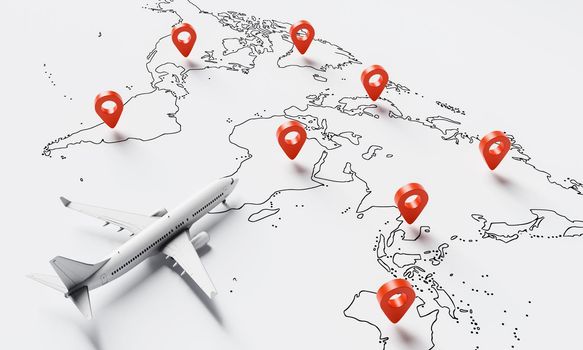 Plane flies above white paper map of the world travel with red location pins point background. Travel and wanderlust concept. 3D illustration rendering