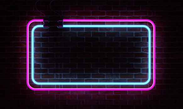 Neon sign banner with copy space on brick wall background. Abstract art and object concept. 3D illustration rendering