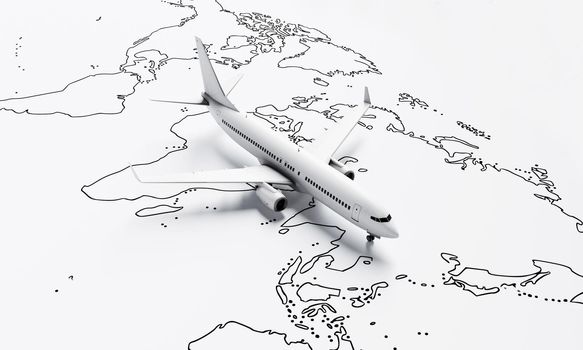 Plane flies above white paper map of the world travel background. Travel and wanderlust concept. 3D illustration rendering