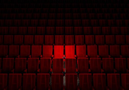 Rows of red velvet seats watching movies in the cinema with spotlight only couple deluxe seat background. Entertainment and Theater concept. 3D illustration rendering