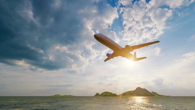 Airplane flying above the ocean sea with sunlight shining in blue sky background. Travel journey and Wanderlust transportation concept. 3D illustration rendering