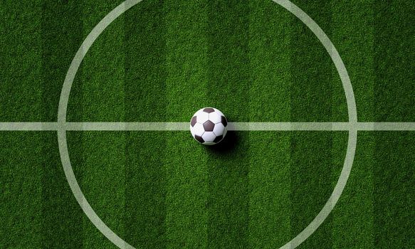 Soccer field center and ball in top view background. Sport and athletic concept. 3D illustration rendering
