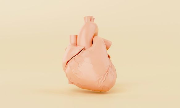 Orange simple heart model on yellow background. Medical science healthcare and abstract object concept. 3D illustration rendering
