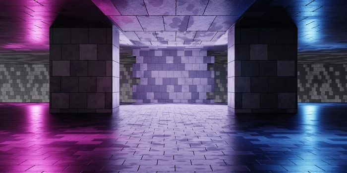 Empty room with retro tile wall and blue and purple-pink neon light background. Abstract architecture and cyber technology for advertising concept. 3D illustration rendering