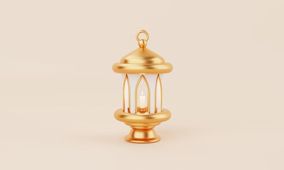 Golden Islamic style lantern for Ramadan Kareem day on coral color background. Eid Mubarak and holy religion concept. 3D illustration rendering