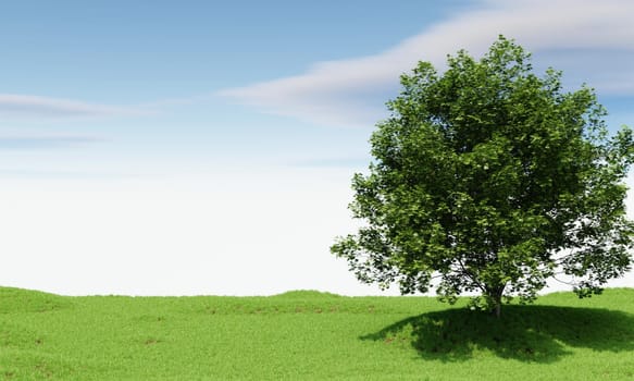 Big tree with blue sky background. Nature and landscape concept. 3D illustration rendering