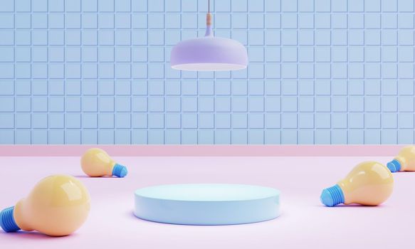 Abstract geometric shape in pastel colors with lightbulbs and lamp for product podium presentation background. Shower room and bathroom concept. Art and Color concept. 3D illustration rendering