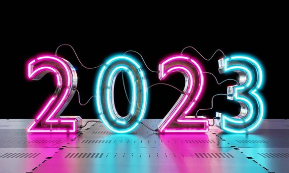 2023 neon lighting on metallic floor background. Technology and Abstract wallpaper concept. Happy new year theme. 3d illustration rendering