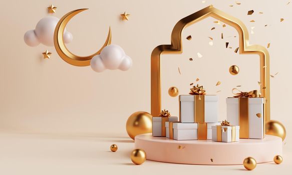 Minimal product podium with present gift boxes in Ramadan or Eid Mubarak Islamic traditional culture style on coral color background. Holiday and Arabian festival concept. 3D illustration rendering